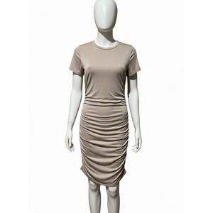 Express Ruched T Shirt Dress Taupe Short Sleeve Knit Midi Women's Size M